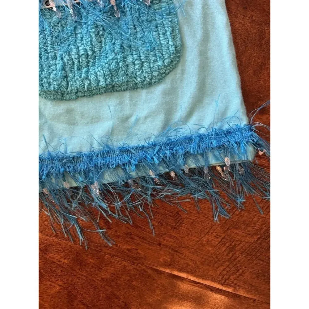 Vintage LAT‎ XL Blue Flower Beaded Tassel Pocket Tee T-Shirt